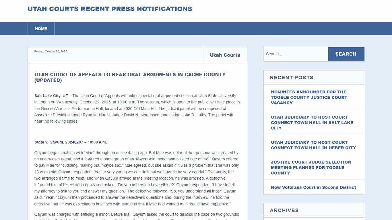 UTAH COURT OF APPEALS TO HEAR ORAL ARGUMENTS IN CACHE COUNTY (UPDATED) – Utah Courts Recent Press Notifications